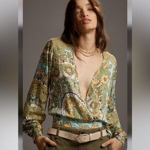 Anthropologie Tiny Long Sleeve Printed V Neck Wrap Top Small